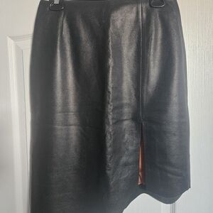 Vittorio Black Faux Leather Asymmetrical Skirt with Side Vent